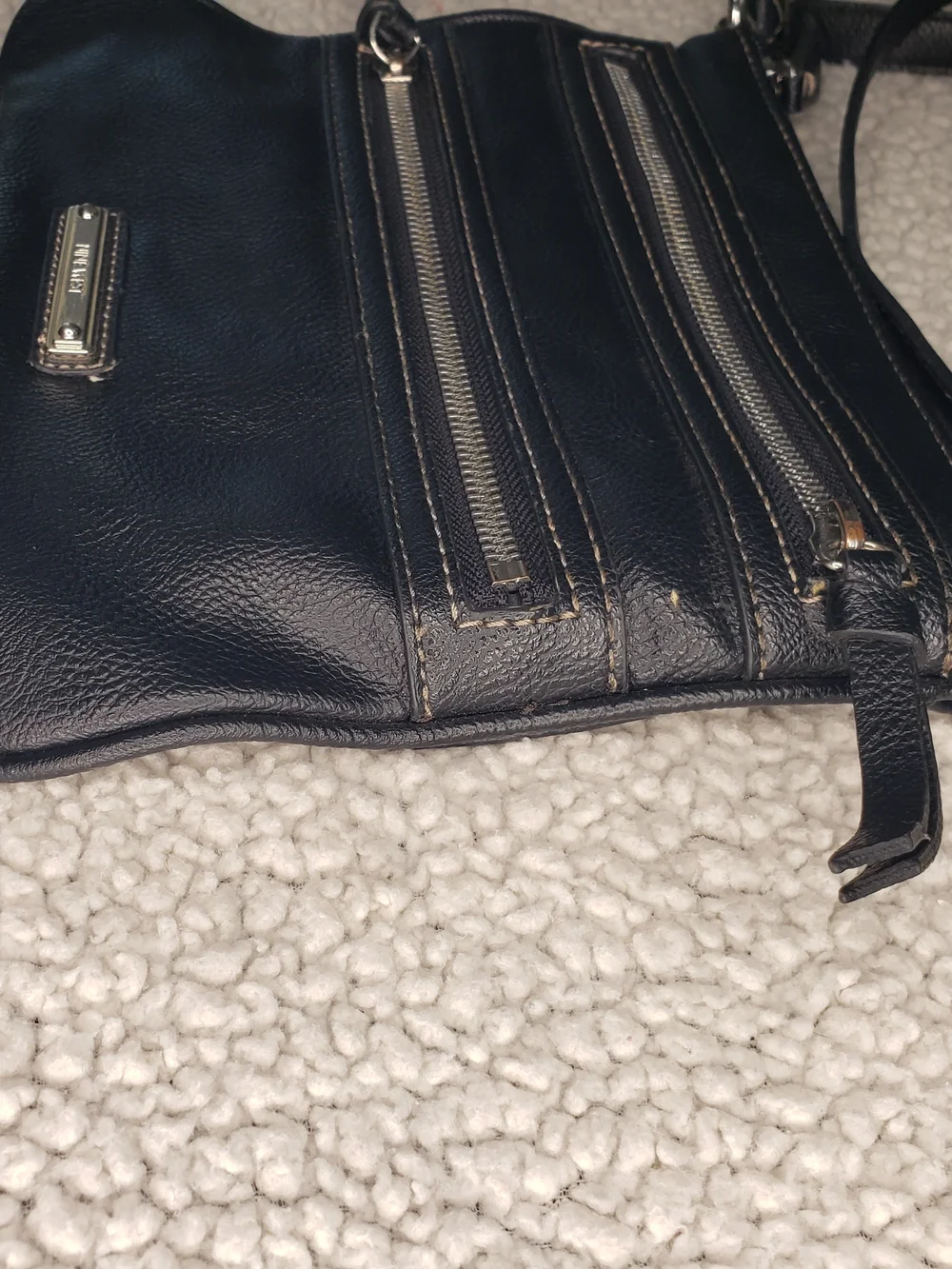 NINE WEST Black Leather Crossbody Bag with Three Front Zippers | Medium